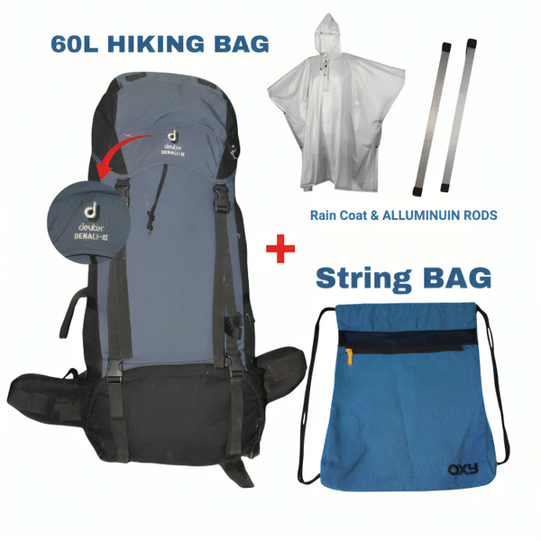 Mega Deal – 70L Hiking Bag(Aluminum Rods)  + String Bag + Rain Coat | Save 1000 with HikerMart